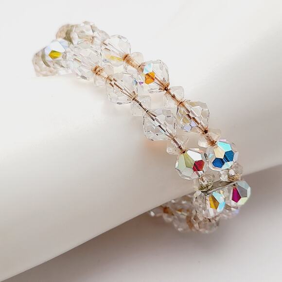 Vintage 1950s Clear Aurora Borealis Crystal Bracelet – Two Strand Memory Wire - Picture 5 of 9